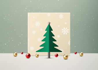 Obraz premium Elegant Christmas Card Design with Green Paper Cut Tree, Gold Star, Red and Gold Ornaments on Snowflake Background for Holiday Display, Showcase, Mockup, and Greeting Cards