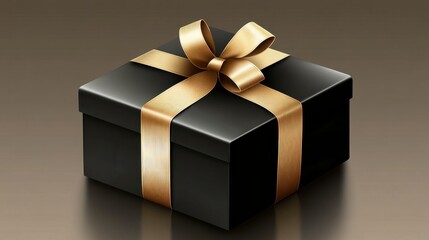 A black gift box with a gold ribbon tied around it