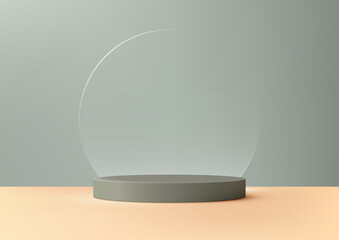 Elegant 3D Gray Pedestal on Soft Orange Surface with Transparent Circle Background, Product Display, Mockup, Showroom Showcase, and Minimalist Branding Design