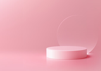 3D Pink Cylinder Podium with Transparent Circle on Minimal Background, Modern Product Display and Mockup for Showrooms and Showcase