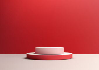Minimalist 3D Two Tiered Podium with Pink and Red Tones for Product Display on White Floor, Elegant Showcase Background
