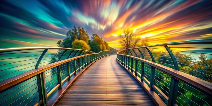 Surreal Perspective of a Footbridge Journey: A Dreamlike Descent on a Curved Path with Smooth Camera Movement Capturing the Essence of Adventure and Exploration