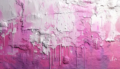 Messy paint strokes and smudges on an old painted wall. Pink, purple, white color drips, flows,