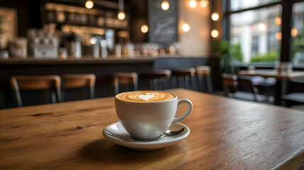 Obraz premium A latte art coffee with a heart design, placed on a small café table with an open notebook, pen, and a cozy, blurred café background