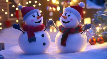 Greeting card background with snowman and Christmas tree in the garden