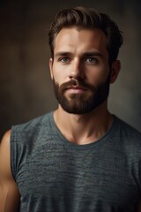 Fototapeta premium portrait of a handsome masculine man with a moustache and a beard and neatly combed hair wearing a neat suit