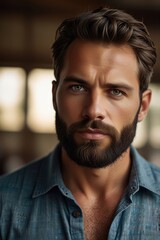 Obraz premium portrait of a handsome masculine man with a moustache and a beard and neatly combed hair wearing a neat suit