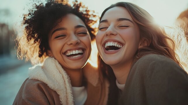 Joyful friends laugh warmly in sunlit moment