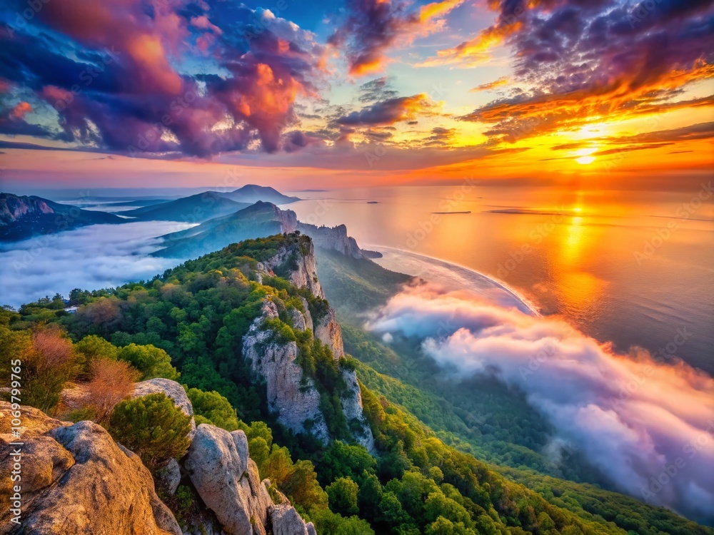 Wall mural Surreal Top View of the Black Sea Coast from Ai Petri Mountain at Dawn - Captivating Landscape of Crimea's Natural Beauty in Early Morning Light