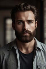 Obraz premium portrait of a handsome masculine man with a moustache and a beard and neatly combed hair wearing a neat suit