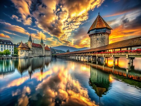 Surreal Vision of Musegg Wall in Lucerne, Switzerland: A Dreamlike Landscape Blending History and Nature with Ethereal Colors and Mysterious Elements