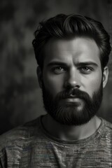 Obraz premium portrait of a handsome masculine man with a moustache and a beard and neatly combed hair wearing a neat suit