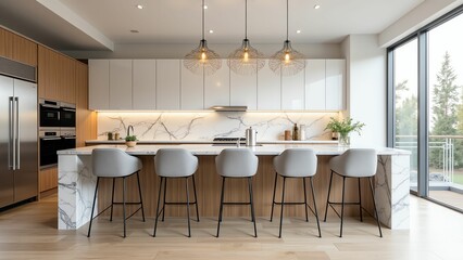 Fototapeta premium Elegant and Luxurious Kitchen Design with Warm Wood Tones and Marble Accents