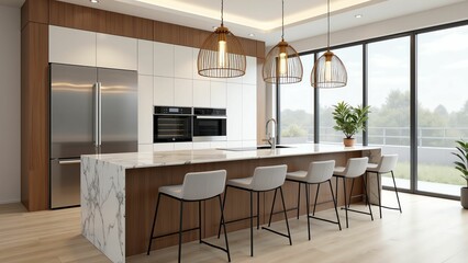 Elegant and Luxurious Kitchen Design with Warm Wood Tones and Marble Accents