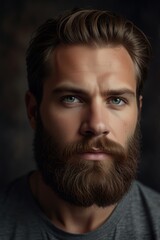 Fototapeta premium portrait of a handsome masculine man with a moustache and a beard and neatly combed hair wearing a neat suit