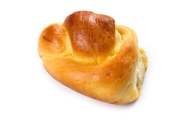 Sweet homemade bun on a white background. One bun close-up. Fresh homemade pastries.