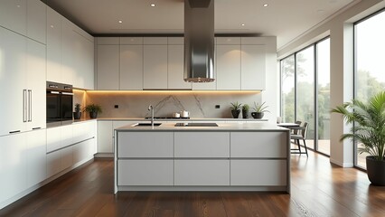 Sleek and Contemporary Kitchen Design with Marble Backsplash and Warm Wood Tones