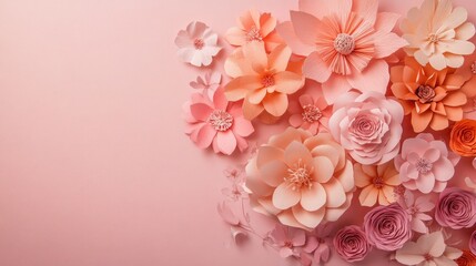 Intricate Pink and Peach Paper Flowers on Soft Pink Background – Elegant Floral Composition with Negative Space, Perfect for Spring-Themed Design, Celebrations, and Handcrafted Art Projects