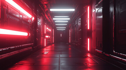 Futuristic sci-fi corridor with vibrant red neon lighting, metallic textures, and ominous atmosphere