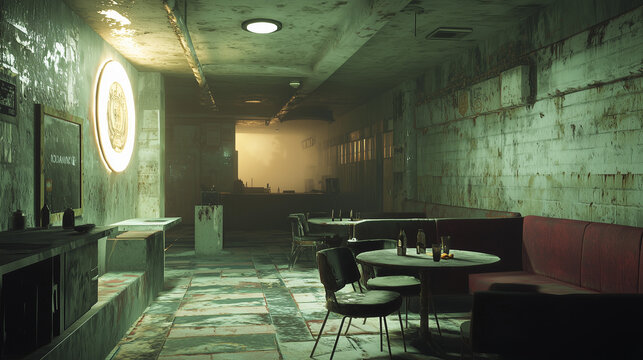 Abandoned, eerie bar interior with scattered chairs, empty bottles, and decayed walls under moody lighting