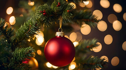 Fototapeta premium Close-up of a Christmas tree branch adorned with classic red and gold ornaments, twinkling fairy lights, and a touch of glitter, with a soft bokeh effect in the background to emphasize the holiday