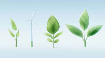 Obraz premium Green Energy Growth: A wind turbine stands tall, symbolizing renewable energy, as a series of green leaves progressively grow, illustrating the positive impact of sustainable practices on our planet.