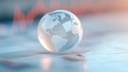 Glass Globe on Financial Chart: A crystal globe rests on a financial chart, symbolizing the interconnectedness of global markets and the pursuit of economic growth.  