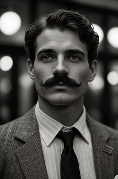 portrait of a man with a thick mustache with neatly combed hair wearing a neat suit with a black and white old style photo