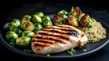 Delectable grilled chicken breast with charred grill marks accompanied by roasted Brussels sprouts and a serving of nourishing quinoa