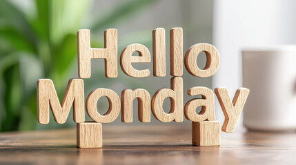 Hello Monday wooden letters on table with plant in background
