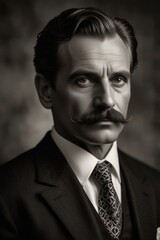 Obraz premium portrait of a man with a thick mustache with neatly combed hair wearing a neat suit with a black and white old style photo