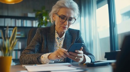 Senior woman leader using smartphone, sitting at her office desk, focused on business app