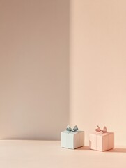 A minimalist image featuring gift box on the right. The gift is wrapped in pastel paper with a ribbon bow, against a solid, neutral background with empty space on the left
