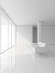 A minimalist white interior with sleek glass walls, perfect for creating an open and airy feel in the living room of your villa or apartment. generative ai