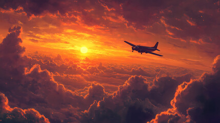 Naklejka premium Airplane in the sky at sunset