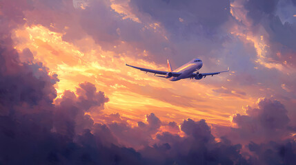 Airplane in the sky at sunset