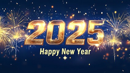 A blue background with golden fireworks, with 2025