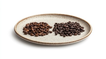 Arrangement of coffee beans, milk coffee, and black coffee on a ceramic plate, isolated for style