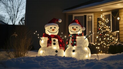 Obraz premium Greeting card background with snowman and Christmas tree in the garden