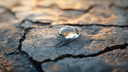 A tiny droplet of water rests on a cracked surface