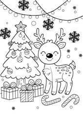  reindeer, black and white outline cartoon illustration for a coloring book page kids