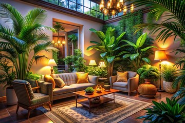 Obraz premium Tropical Elegance: A Serene Living Space Bathed in Warm Light with Lush Greenery and Stylish Decor for a Relaxing Ambiance