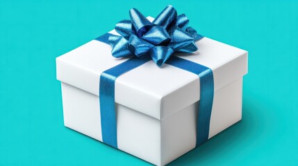 Obraz premium A white gift box, adorned with a blue ribbon and bow atop, situated against a teal backdrop