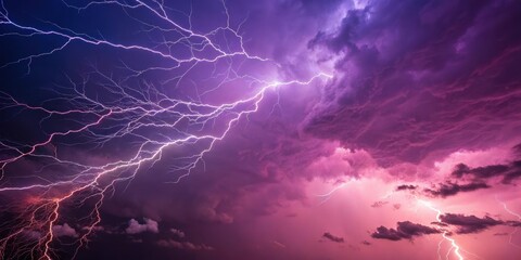 A Dramatic Stormy Sky with Vivid Lightning Bolts Cutting Through a Pink and Purple Cloud Canvas