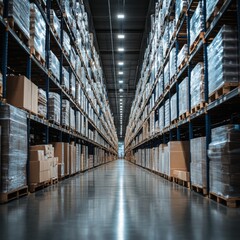 Fototapeta premium Industrial Warehouse Interior Rows of Pallets Storage Logistics Distribution Center Inventory