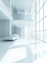 Obraz premium A minimalist white interior with sleek glass walls, perfect for creating an open and airy feel in the living room of your villa or apartment. generative ai