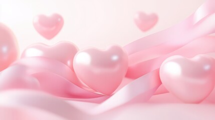 Pink Heart Balloons on Silk Fabric:  A delicate composition of glossy pink heart balloons floating above a soft, flowing pink silk fabric. The image evokes romance, tenderness.