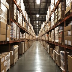 Fototapeta premium Vast Warehouse Inventory Cardboard Boxes Storage Logistics