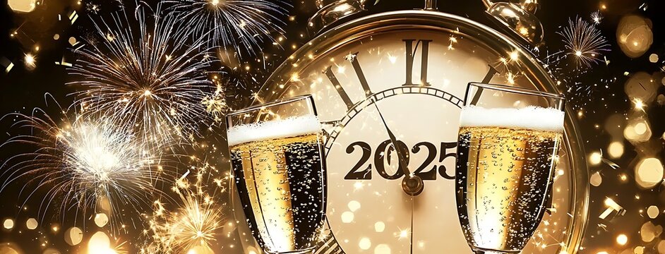A New Year's Eve banner featuring champagne glasses clinking