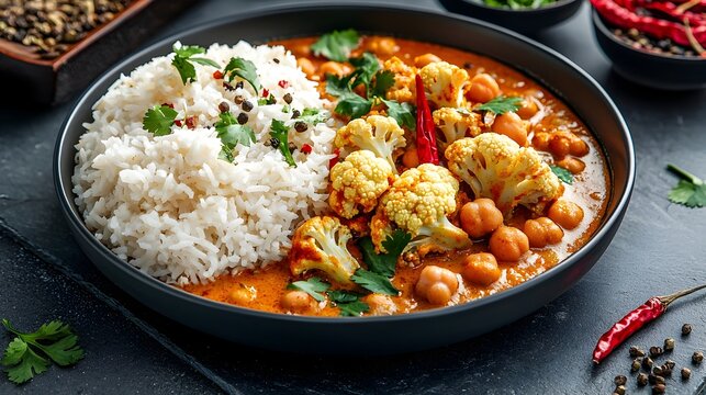 A fragrant and flavorful vegan curry dish featuring tender cauliflower and chickpeas simmered in aromatic spices like cumin turmeric and coriander served with a side of fluffy